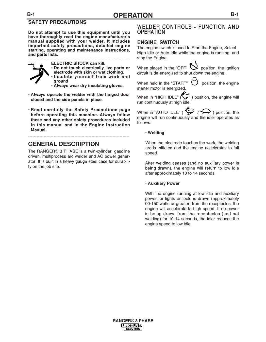 Lincoln Electric IM10030 manual General Description, Welder Controls Function and Operation, Engine SWITCh, Welding 